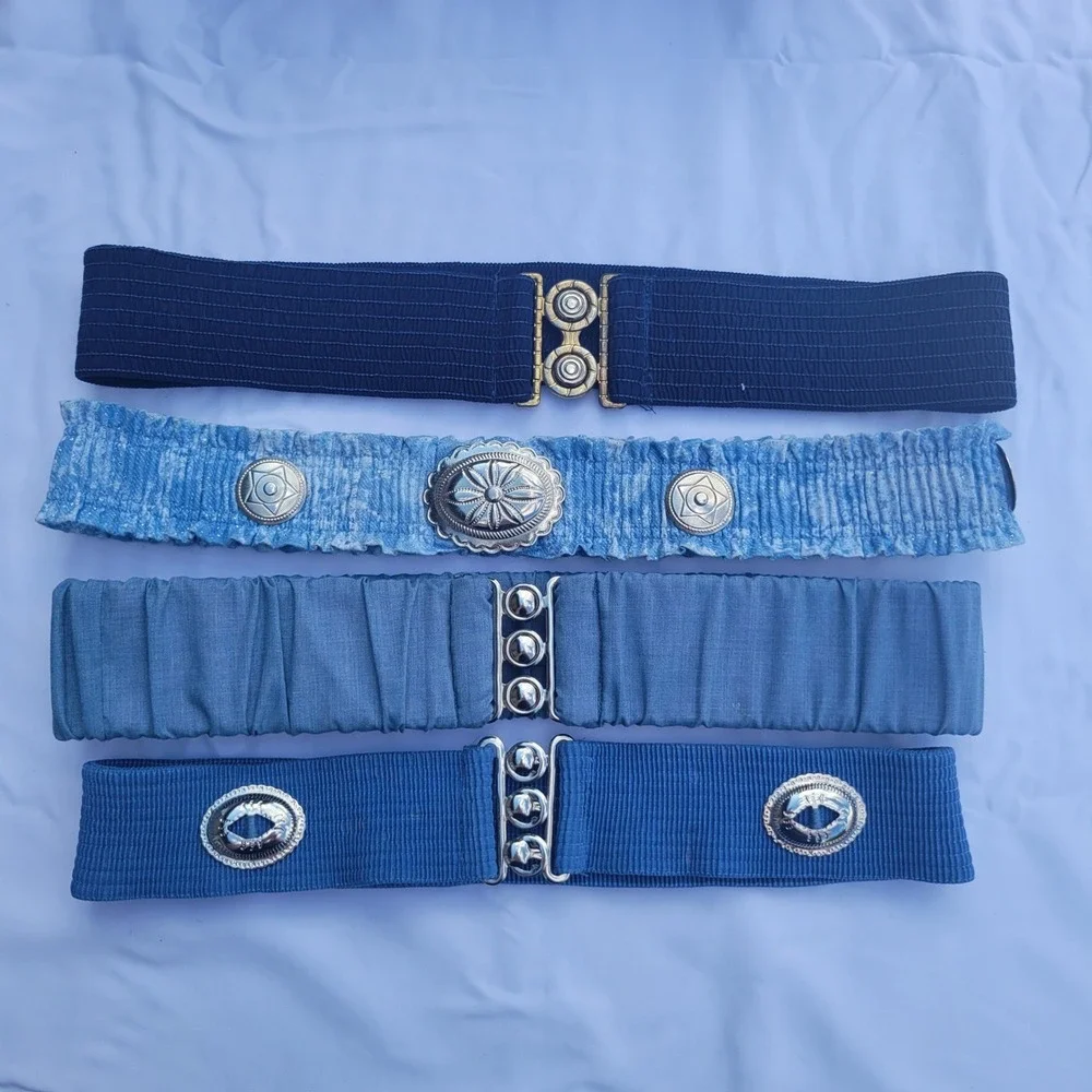 Vintage Style Blue Elastic Cinch Belt Lot of 4 Western Concho Denim Navy Small